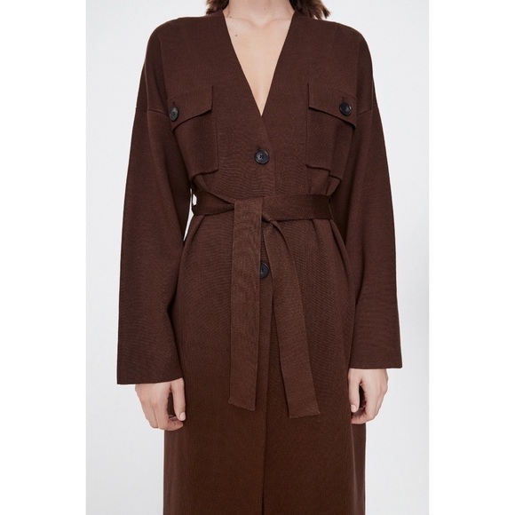 Zara Brown Knit Trench Coat with Belt - Picture 1 of 16